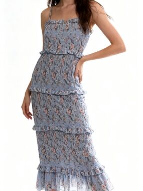 Smocked Tiered Midi Dress in Light Blue Floral